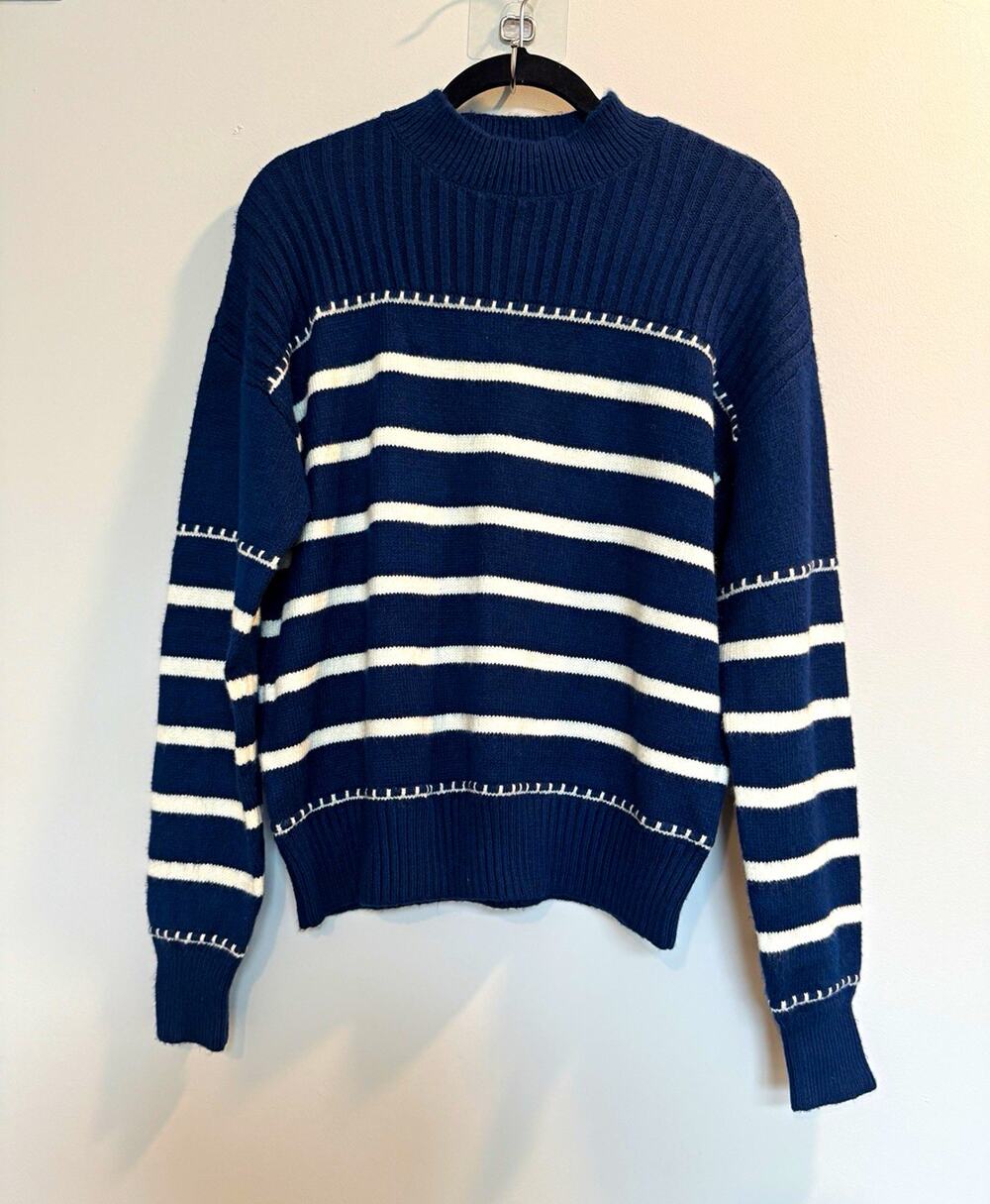 St. John's Bay Women's Navy White Striped Mock Neck Knit Pullover Sweater L